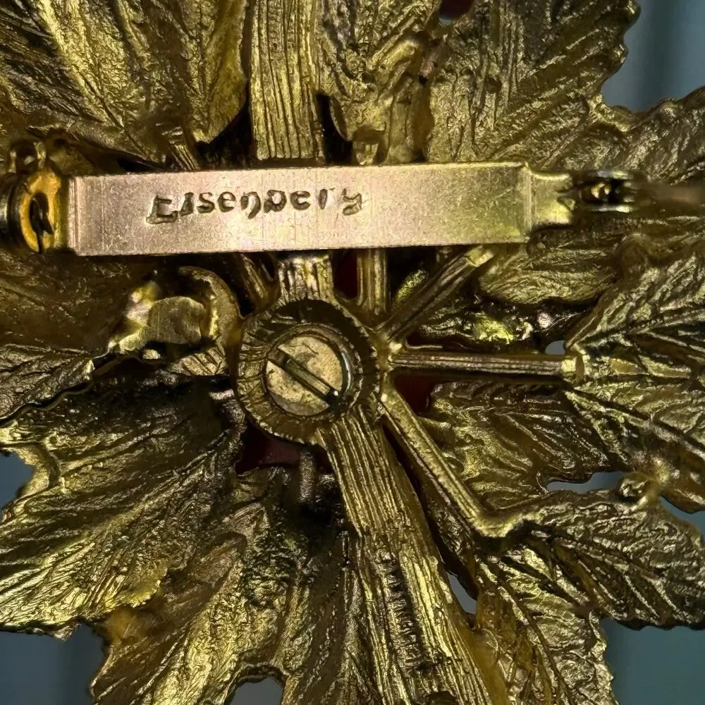 Eisenberg Coral Rose Brooch Pin Vintage Gold Tone Signed Sparkling Rhinestone